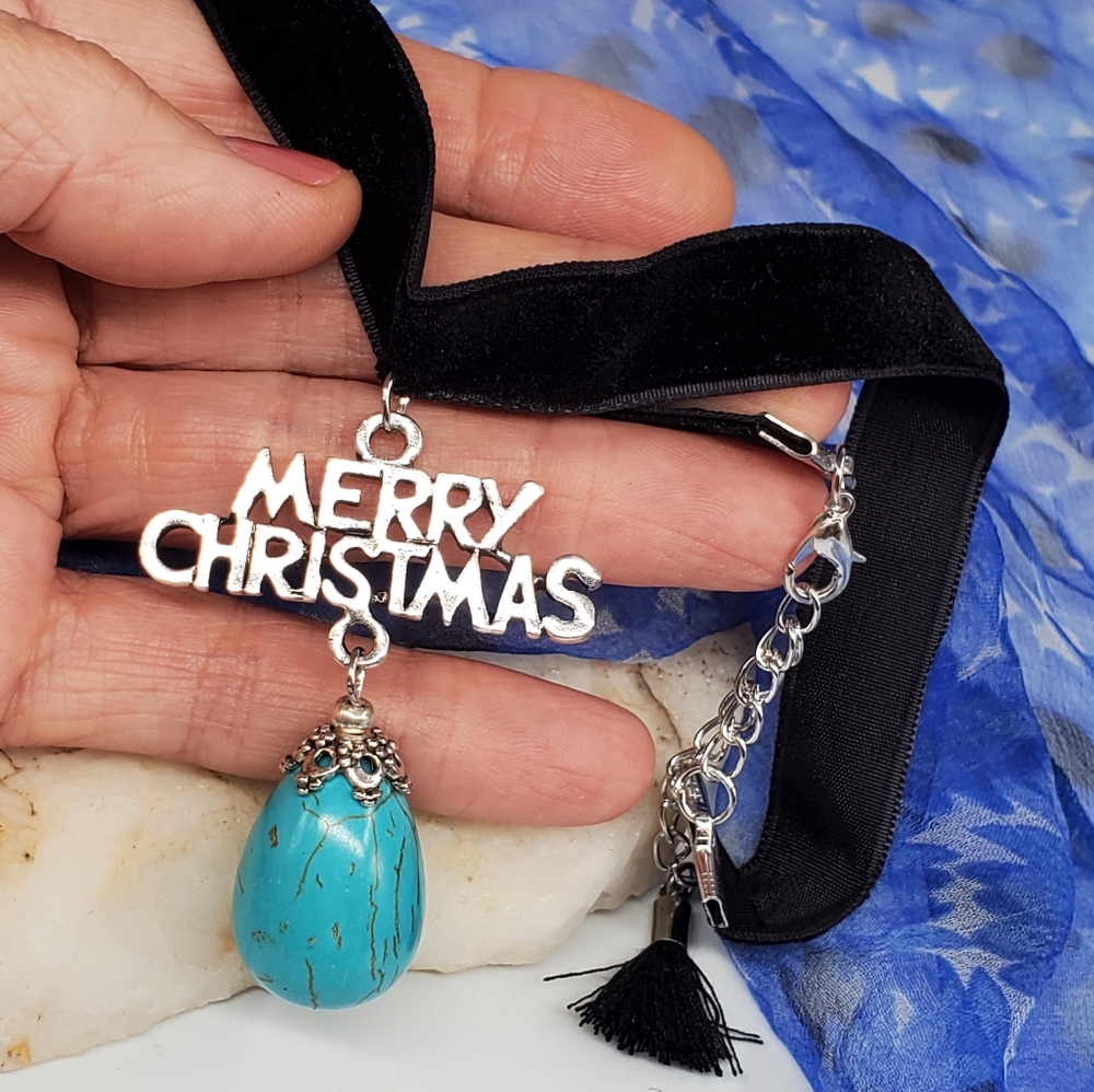 ❤️ Black Velvet Choker Silver Necklace Hypoallergenic Christmas Pendant Holiday